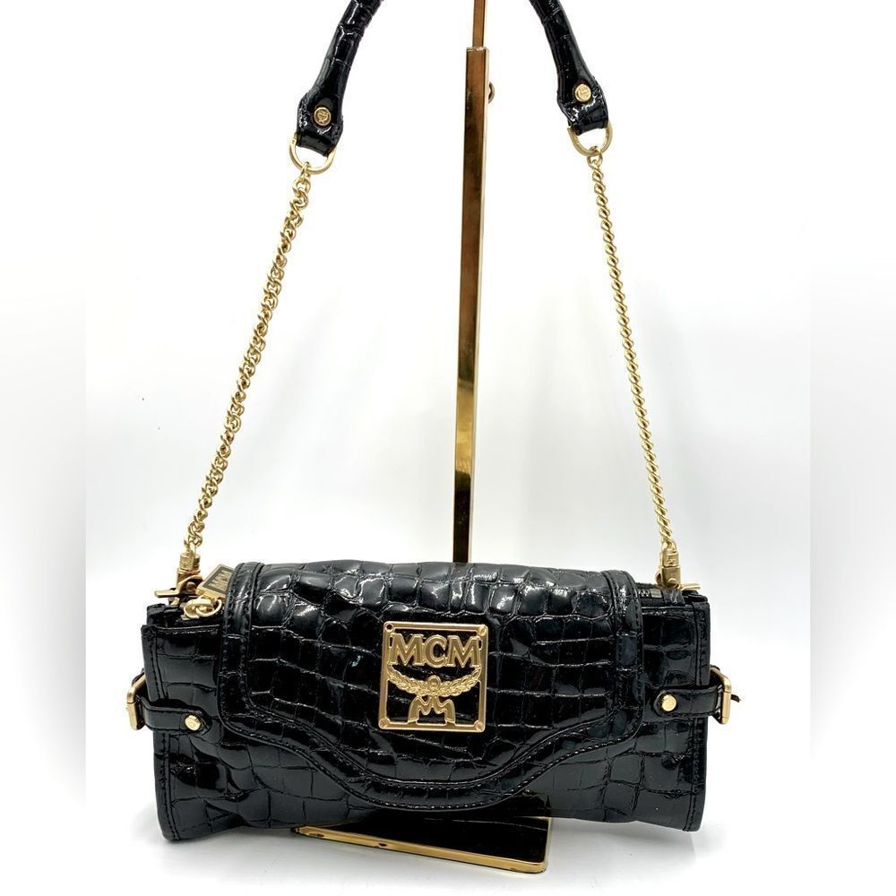 Auth MCM Small Black Croc Embossed Enamel Leather Clutch Chain Strap Preloved